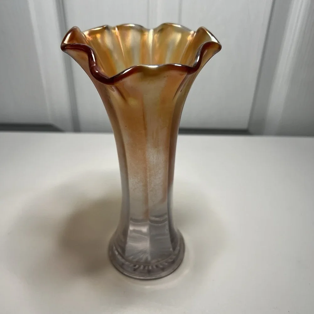 Carnival Glass‎ Iridescent Marigold Ruffled Vase Vintage